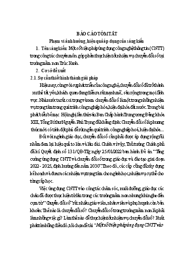 Báo cáo Sáng kiến Một số biện pháp Ứng dụng Công nghệ thông tin trong công tác chuyên môn góp phần thực hiện tốt nhiệm vụ chuyển đổi số tại trường Mầm Non