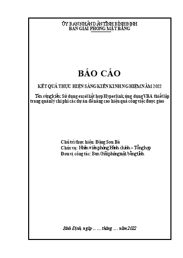 Báo cáo Sáng kiến Sử dụng excel kết hợp Hyperlink, ứng dụng VBA thiết lập trang quản lý chi phí các dự án để nâng cao hiệu quả công việc được giao