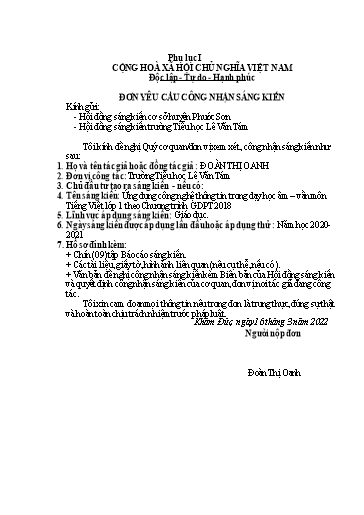 Báo cáo SKKN Ứng dụng công nghệ thông tin trong dạy học âm – vần môn Tiếng Việt Lớp 1 theo Chương trình GDPT 2018