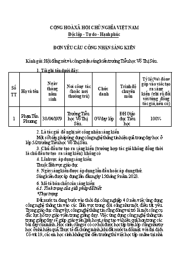 Đơn công nhận SKKN Một số biện pháp Ứng dụng công nghệ thông tin hiệu quả trong dạy học ở lớp 5-2 trường Tiểu học Võ Thị Sáu