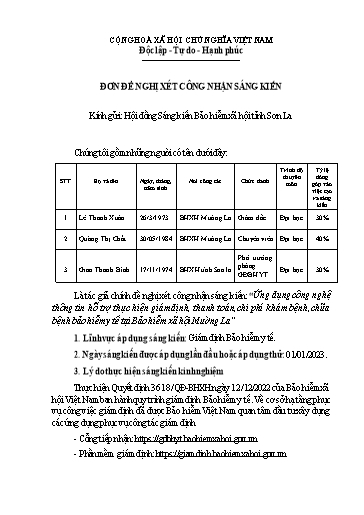 Đơn công nhận SKKN Ứng dụng công nghệ thông tin hỗ trợ thực hiện giám định, thanh toán, chi phí khám bệnh, chữa bệnh bảo hiểm y tế tại Bảo hiểm xã hội Mường La