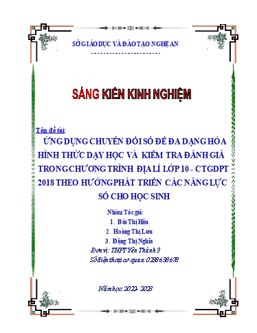 SKKN Ứng dụng chuyển đổi số để đa dạng hóa hình thức dạy học và kiểm tra đánh giá trong chương trình Địa lí Lớp 10 - CTGDPT 2018 theo hướng phát triển các năng lực số cho học sinh