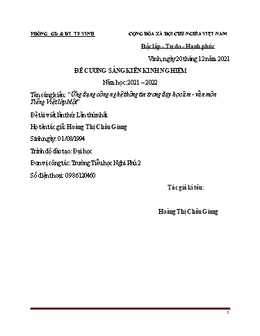 Đề cương SKKN Ứng dụng công nghệ thông tin trong dạy học âm - Vần môn Tiếng Việt Lớp Một