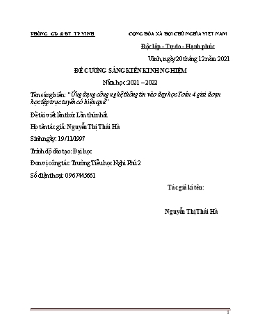Đề cương SKKN Ứng dụng công nghệ thông tin vào dạy học Toán 4 giai đoạn học tập trực tuyến có hiệu quả